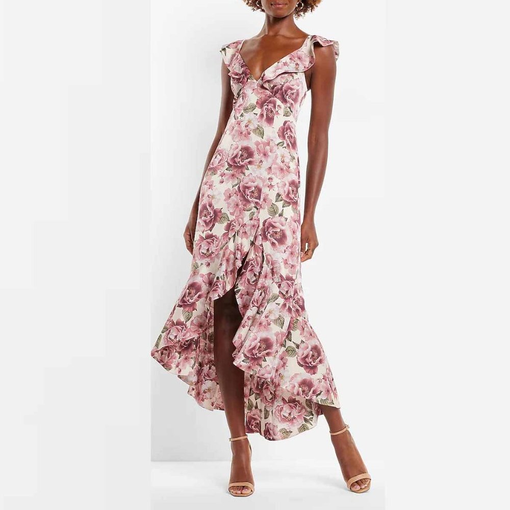 NWT Express Satin Floral Print Ruffle Hi-Lo Maxi Dress size 10
